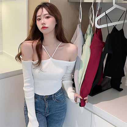 Knit Plain Top Long-Sleeve Cold-Shoulder