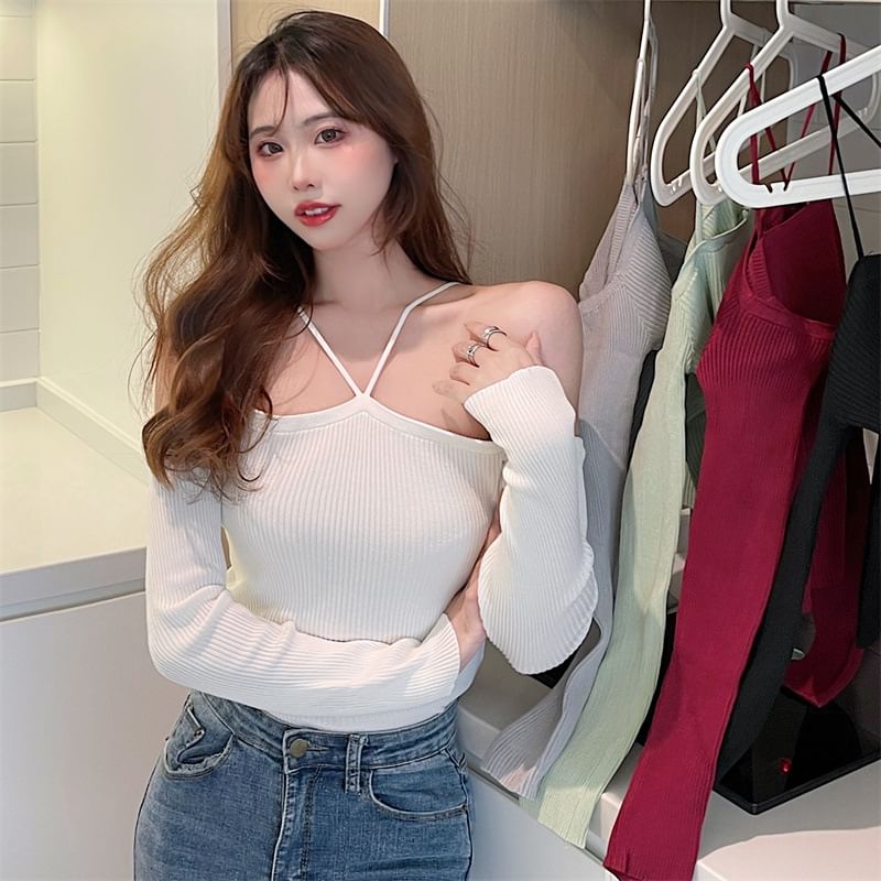 Knit Plain Top Long-Sleeve Cold-Shoulder