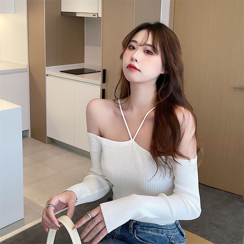 Knit Plain Top Long-Sleeve Cold-Shoulder