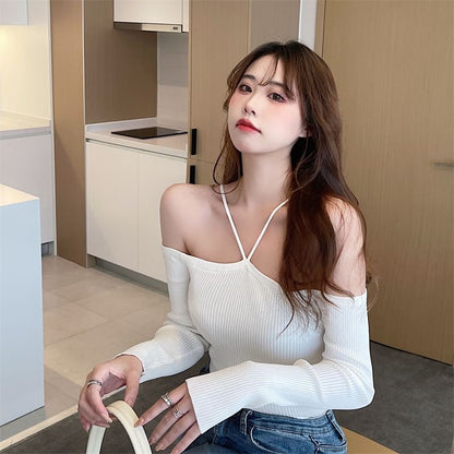 Knit Plain Top Long-Sleeve Cold-Shoulder