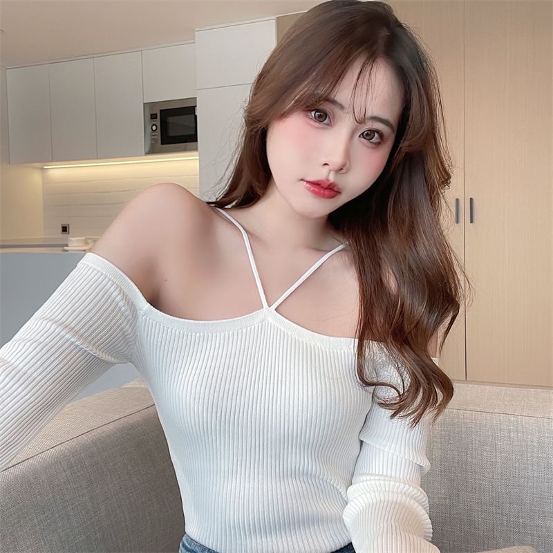 Knit Plain Top Long-Sleeve Cold-Shoulder