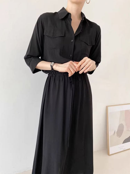 Long-Sleeve Collared Plain Drawstring Waist Maxi A-Line Shirt Dress