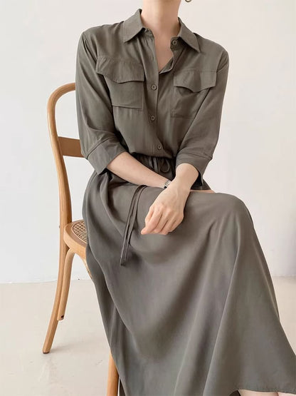 Long-Sleeve Collared Plain Drawstring Waist Maxi A-Line Shirt Dress