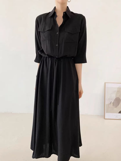 Long-Sleeve Collared Plain Drawstring Waist Maxi A-Line Shirt Dress