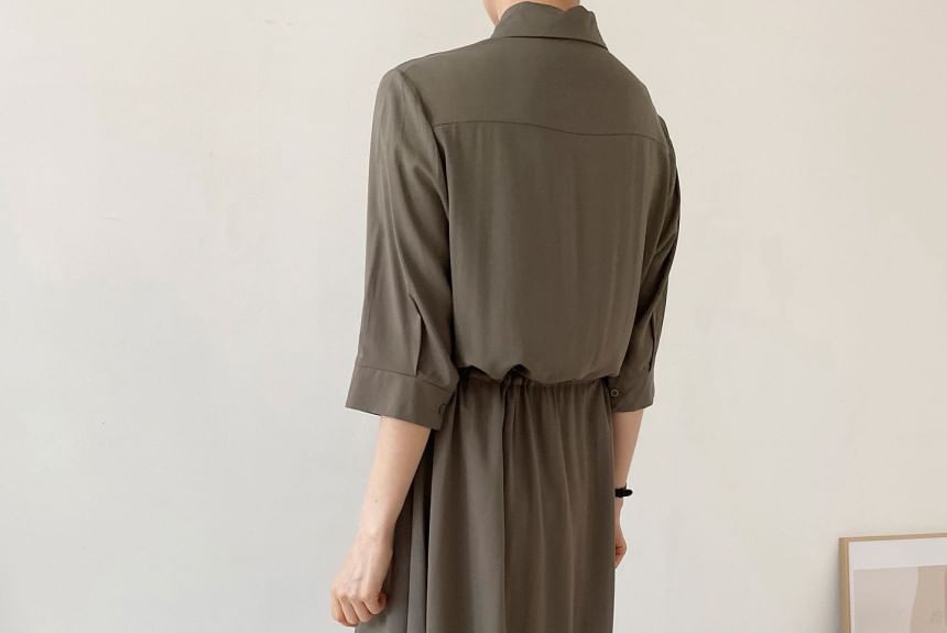 Long-Sleeve Collared Plain Drawstring Waist Maxi A-Line Shirt Dress