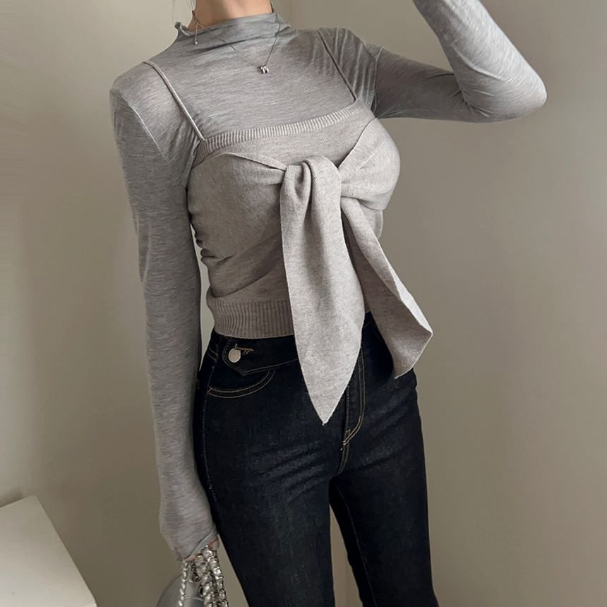 Set: Long-Sleeve Mock Neck Plain Top + Plain Bow Knit Camisole Top