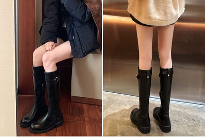 Faux Buckled Tall Leather Boots