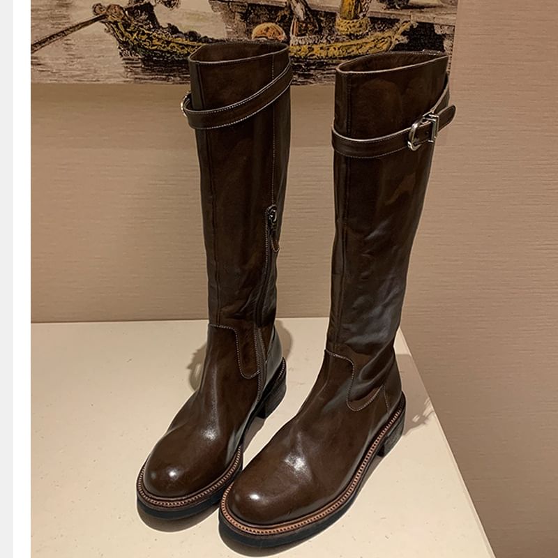 Faux Buckled Tall Leather Boots