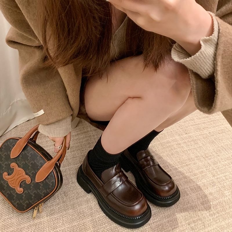 Faux Leather Loafers Platform Chunky Heel