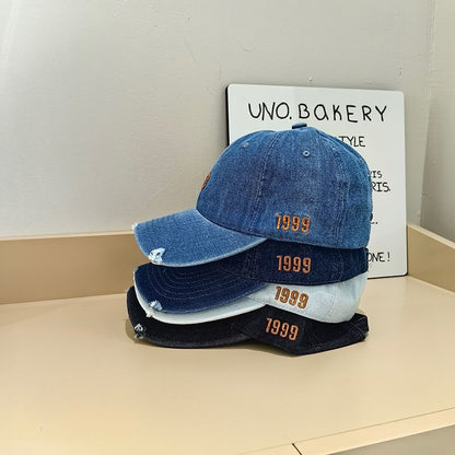 Baseball Distressed Denim Cap Embroidered Lettering