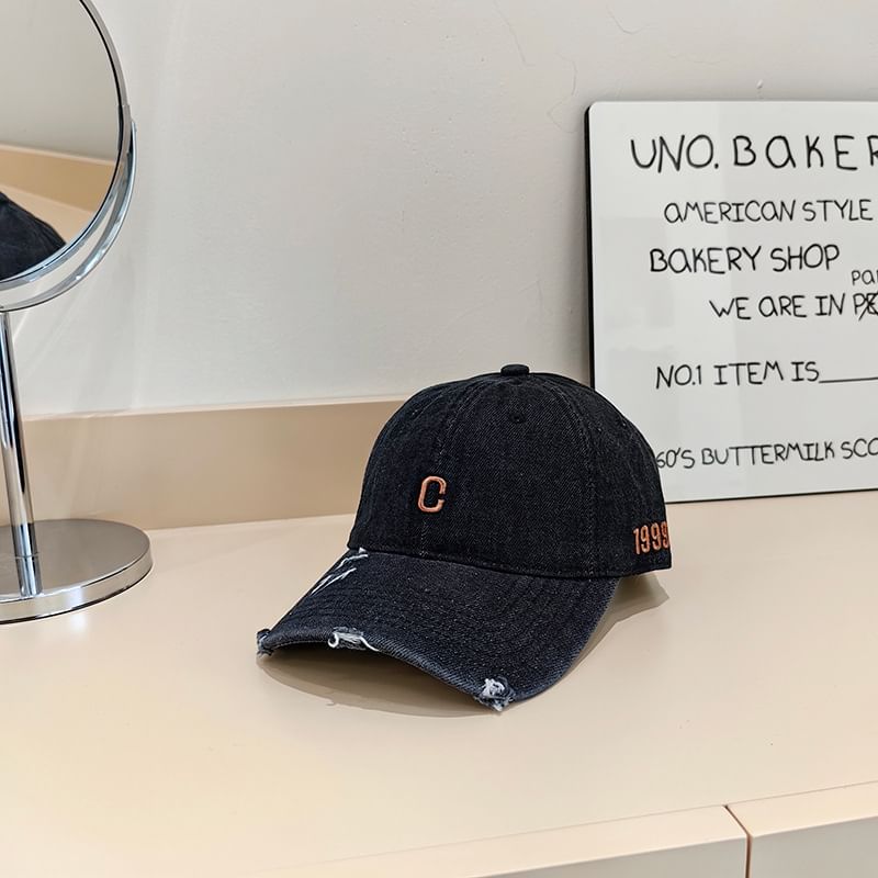 Baseball Distressed Denim Cap Embroidered Lettering