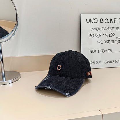 Baseball Distressed Denim Cap Embroidered Lettering
