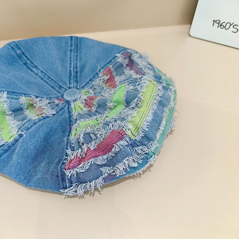 Striped Distressed Denim Beret Hat