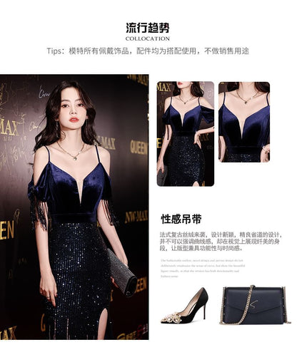 Gown Cold-Shoulder Sequin Side-Slit Evening Trumpet