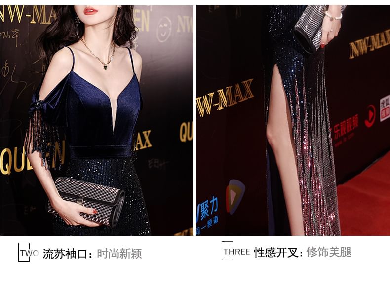 Gown Cold-Shoulder Sequin Side-Slit Evening Trumpet