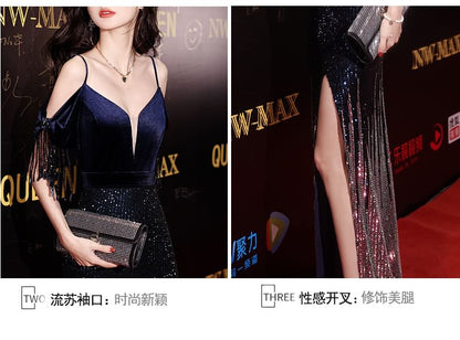 Gown Cold-Shoulder Sequin Side-Slit Evening Trumpet