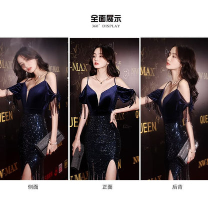 Gown Cold-Shoulder Sequin Side-Slit Evening Trumpet