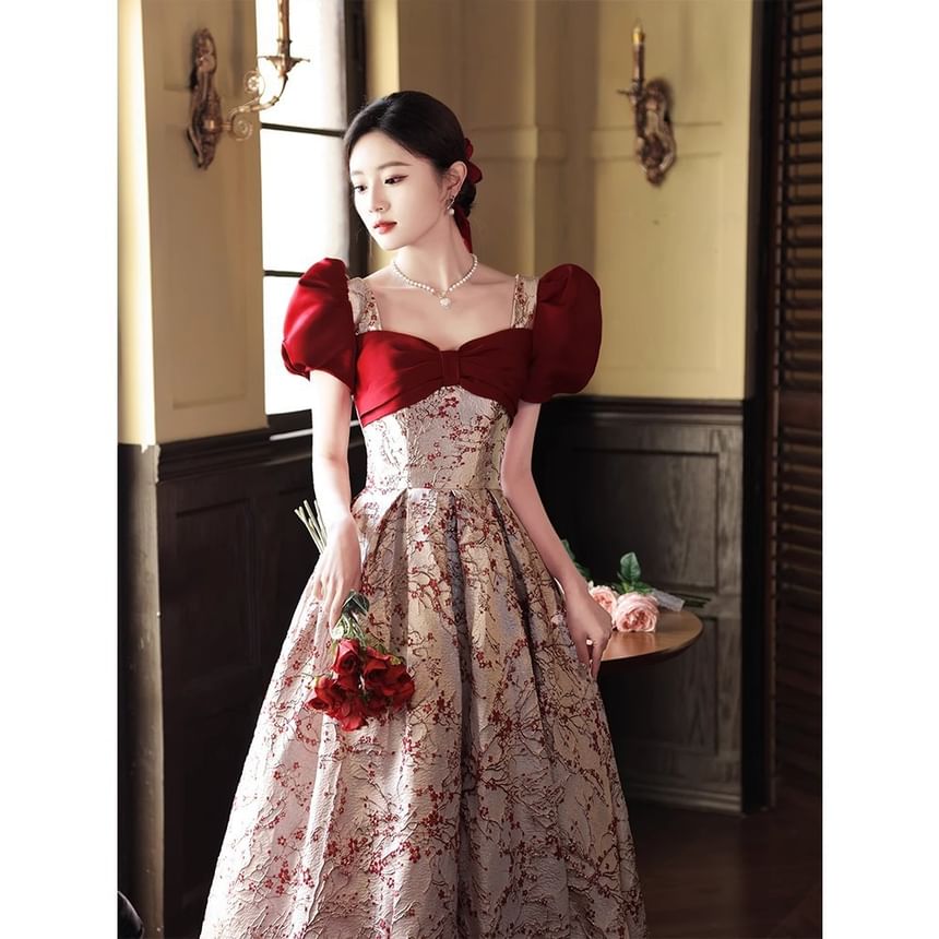 Evening Floral Puff-Sleeve A-Line Gown