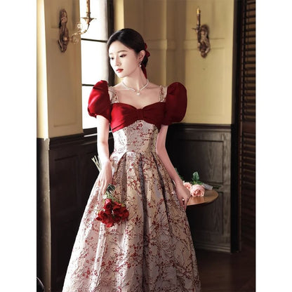 Evening Floral Puff-Sleeve A-Line Gown