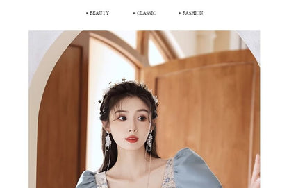 Evening Floral Puff-Sleeve A-Line Gown