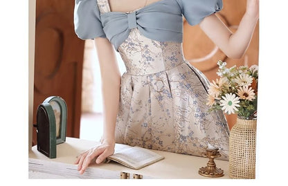 Evening Floral Puff-Sleeve A-Line Gown