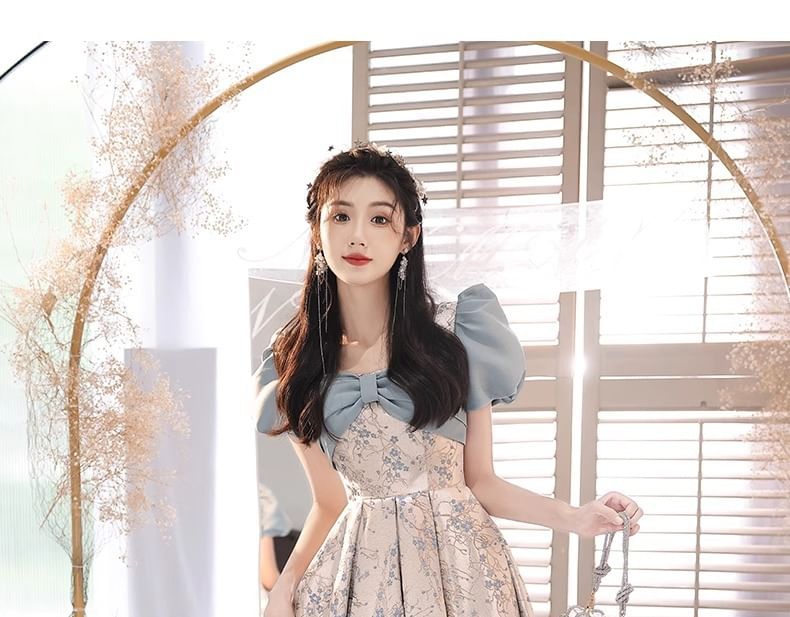 Evening Floral Puff-Sleeve A-Line Gown