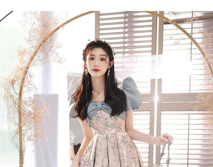 Evening Floral Puff-Sleeve A-Line Gown