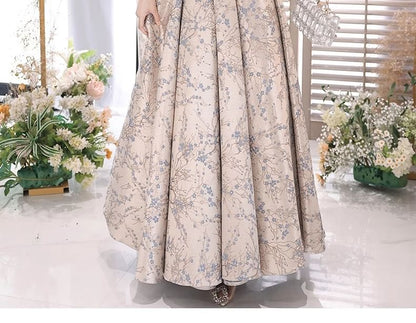 Evening Floral Puff-Sleeve A-Line Gown