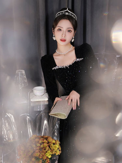 Neck A-Line Gown Evening Long-Sleeve Square Sequin
