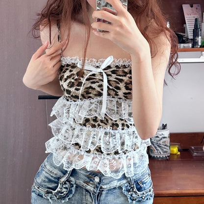 Accent Print Trim Lace Top Camisole Bow Crop Leopard