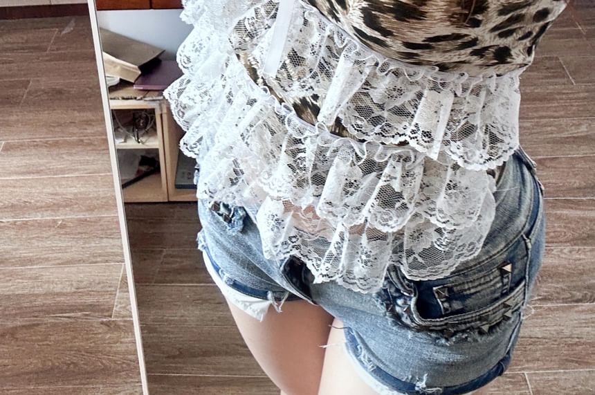 Accent Print Trim Lace Top Camisole Bow Crop Leopard