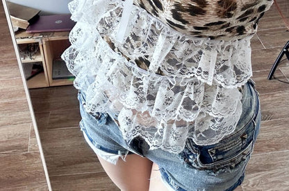 Accent Print Trim Lace Top Camisole Bow Crop Leopard