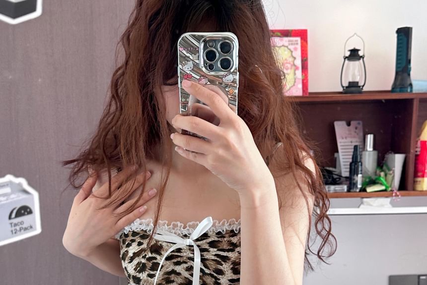 Accent Print Trim Lace Top Camisole Bow Crop Leopard