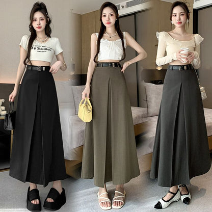 High Waist Plain Pleated Maxi A-Line Skirt