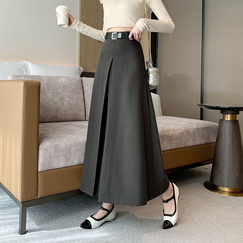 High Waist Plain Pleated Maxi A-Line Skirt