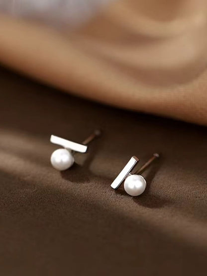 Faux Pearl Sterling Silver Bar Stud Earring