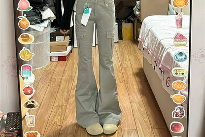 High Waist Washed Bootcut Cargo Jeans