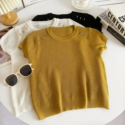 Short-Sleeve Crewneck Plain Knit Top