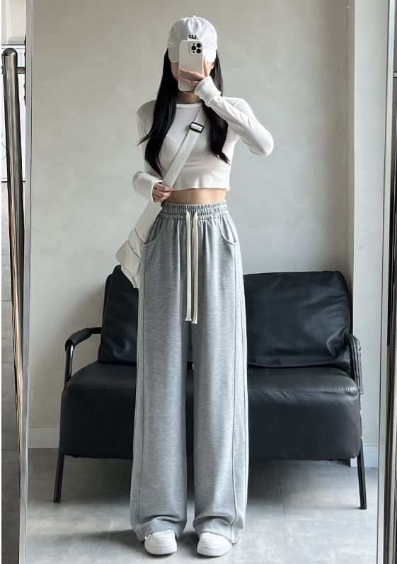 High Rise Wide Leg Plain Sweatpants