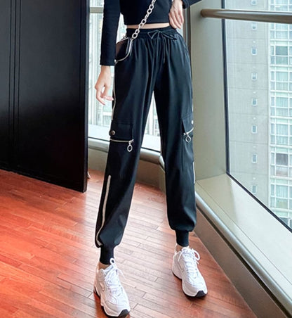 Drawstring Waist Striped Harem Cargo Pants