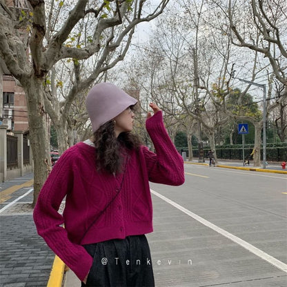 Knit Button-Up Cable Plain Cardigan