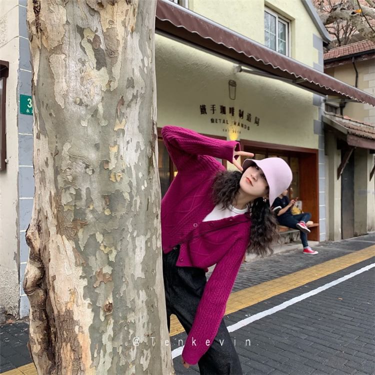 Knit Button-Up Cable Plain Cardigan