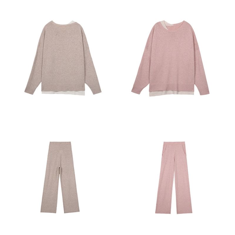 Neck Pants Long-Sleeve High T-Shirt Leg Crew + Set: Two-Tone Waist Wide