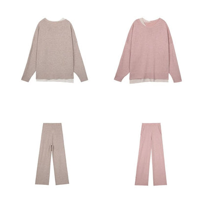 Neck Pants Long-Sleeve High T-Shirt Leg Crew + Set: Two-Tone Waist Wide