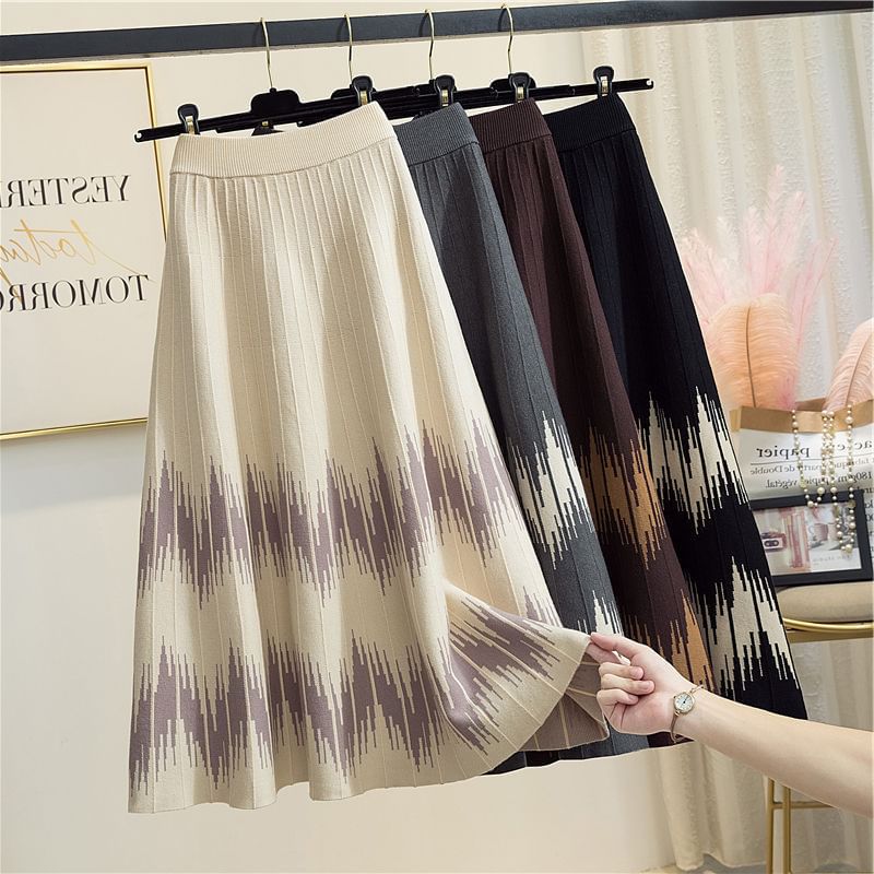 A-Line Midi Printed Waist Knit Skirt High