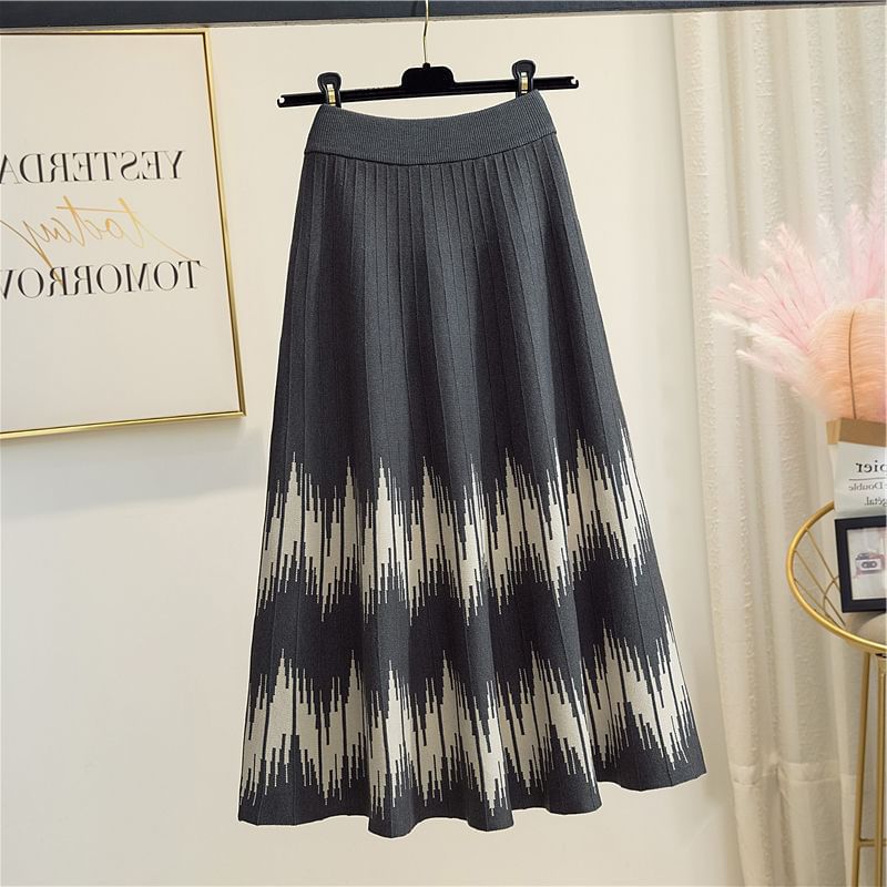 A-Line Midi Printed Waist Knit Skirt High