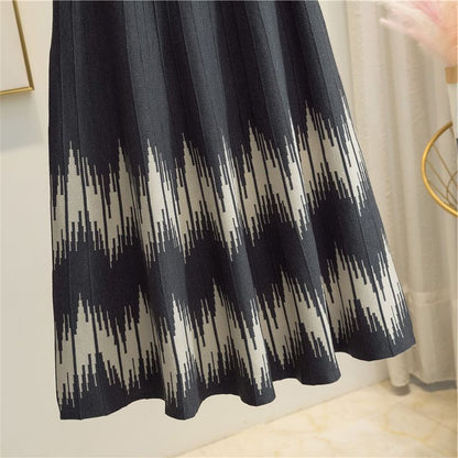 A-Line Midi Printed Waist Knit Skirt High