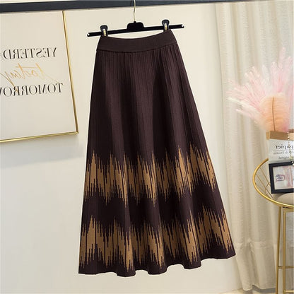 A-Line Midi Printed Waist Knit Skirt High