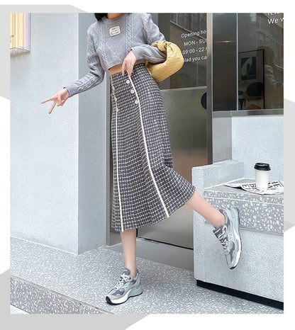 Waist A-Line Skirt Knit Midi Plaid High