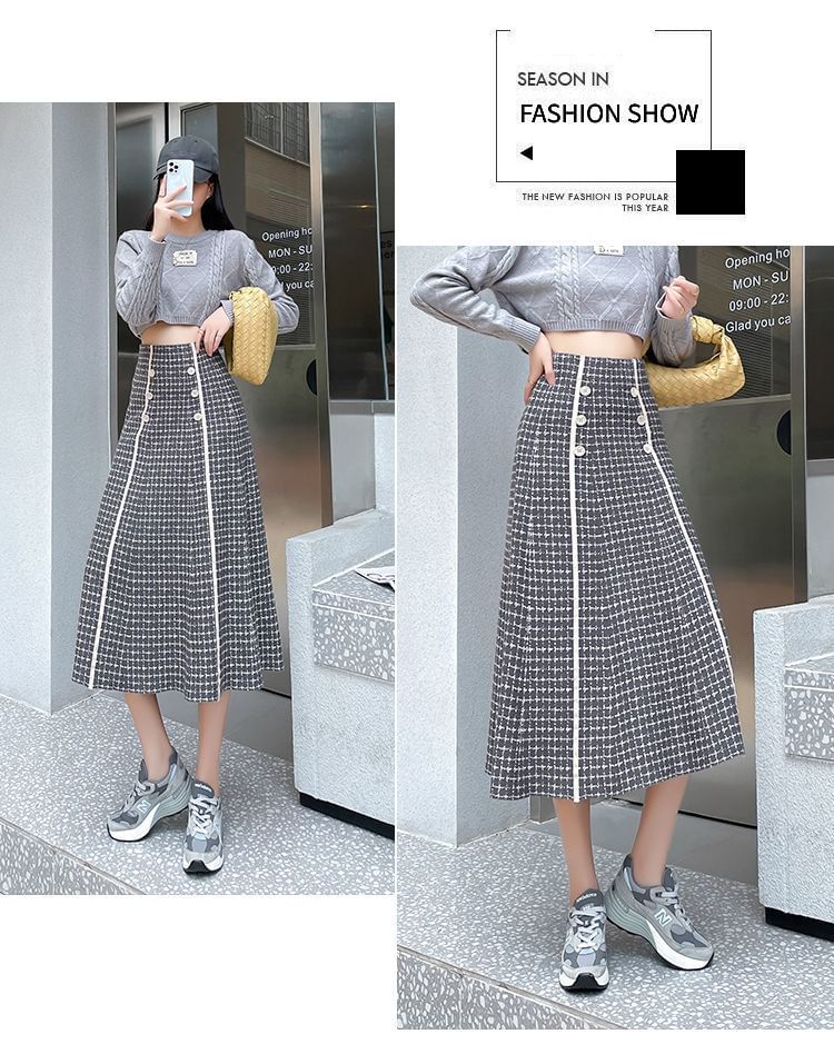 Waist A-Line Skirt Knit Midi Plaid High